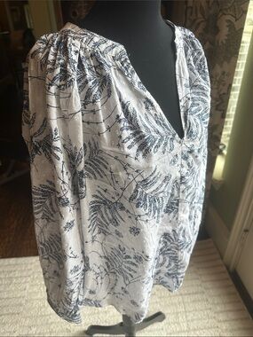 Joe Fresh White Blouse with Navy Botanical Print